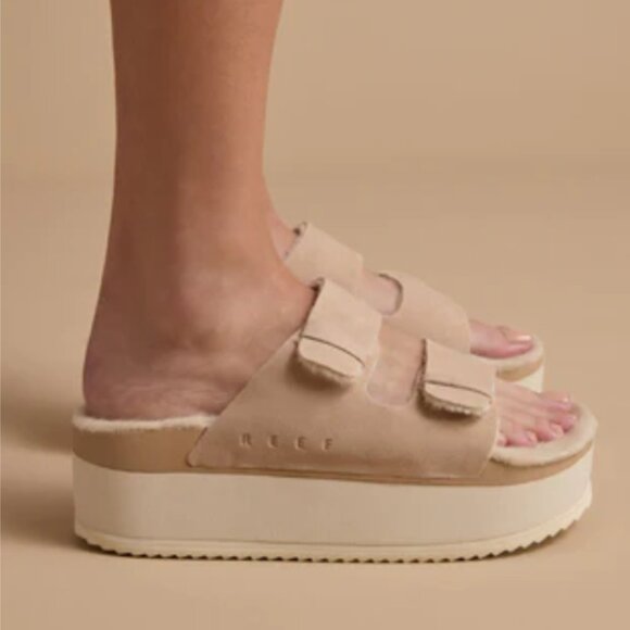 Reef Shoes - REEF Ojai Ciara Platform Two-Strap Sandals w/ Faux Shearling Sz.9/40 NEW